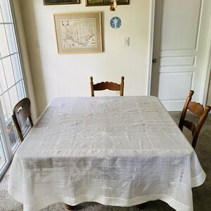 Vintage Tablecloth Floral Embroidered Handmade White Drawnwork 62x78”